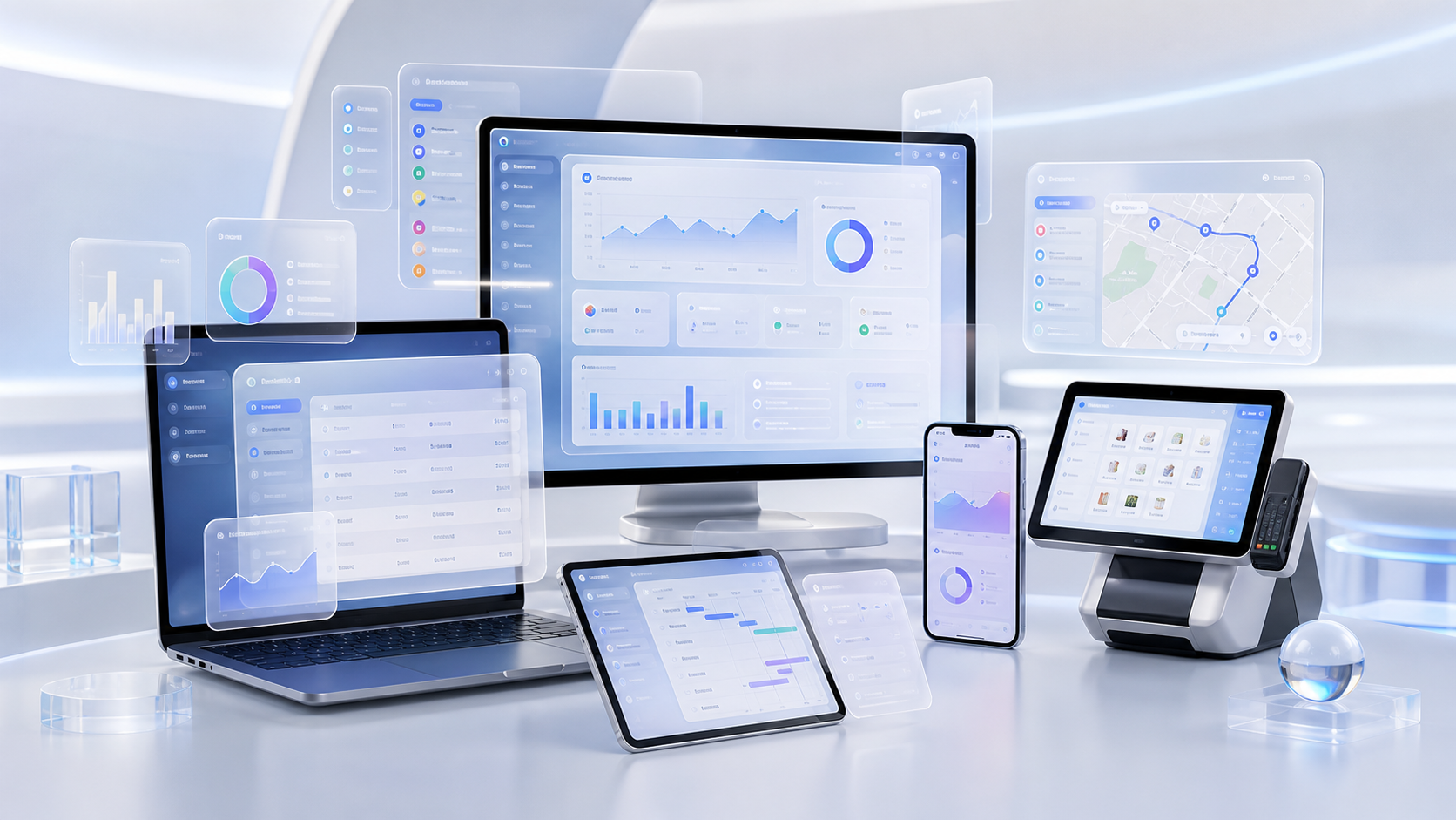 Business software dashboard suite with POS, mobile app, and analytics screens